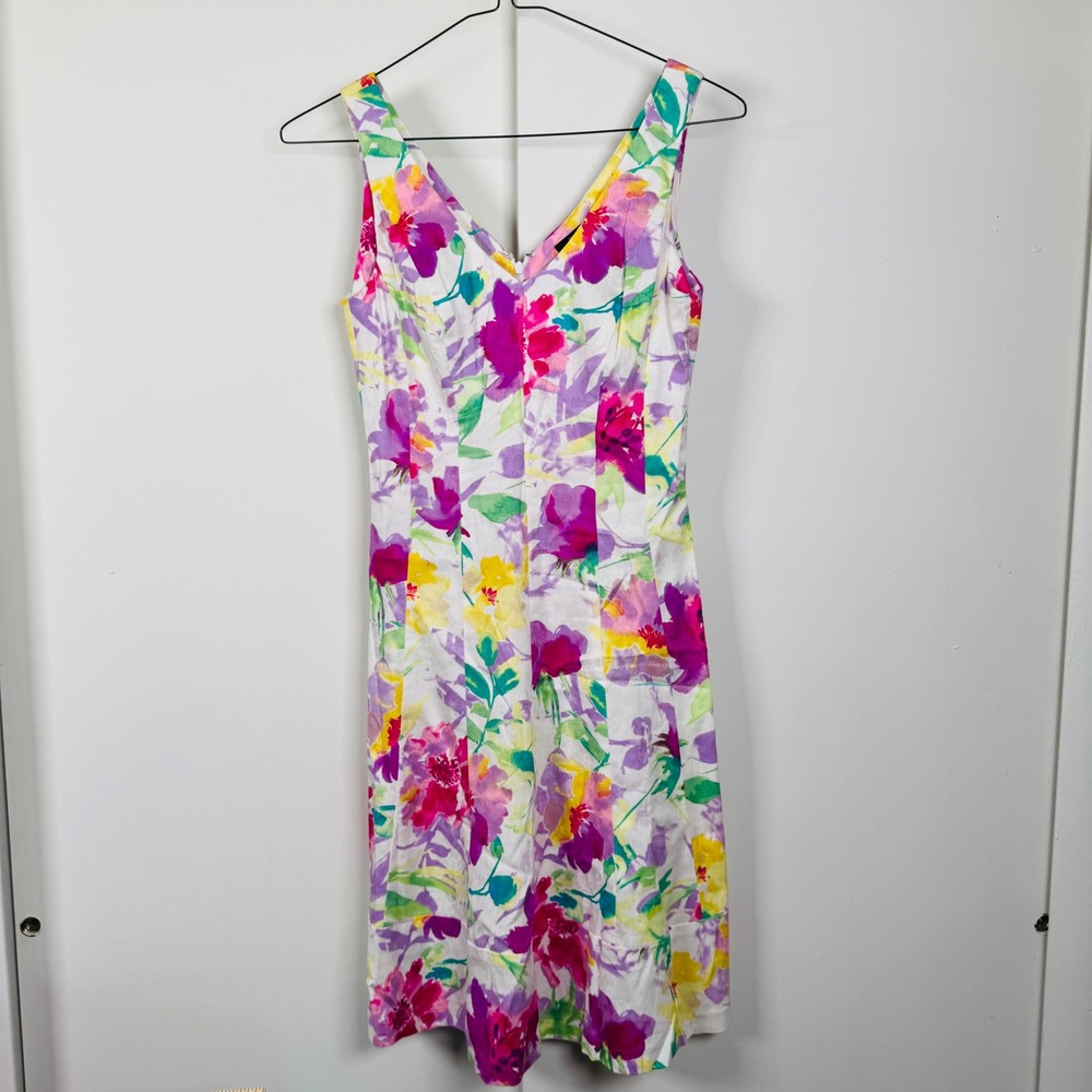 Chaps Womens Floral V-Neck Sleeveless Cotton Blend Midi Sheath Dress Size 2 SS